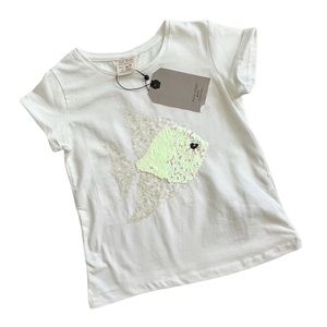 New ZARA Girls Fish Sequin Cotton T-Shirt Off White Sz 4-5